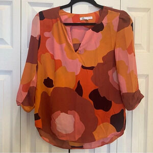 DR2 Gorgeous Women’s Colorful Floral 3/4 Sleeve Pleated Light Blouse‎ EUC Small